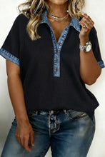 Load image into Gallery viewer, Black Plus Size Textured Contrast Denim Patchwork Button Polo Tee
