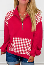 Load image into Gallery viewer, Navy Blue Patchwork Plaid Pocket Quarter Zip Sweatshirt