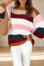 Load image into Gallery viewer, Multicolour Striped Knit Dropped Shoulder Round Neck Pullover Sweater