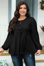 Load image into Gallery viewer, Black Solid Color Bow Tie Front Long Sleeve Plus Size Peplum Blouse