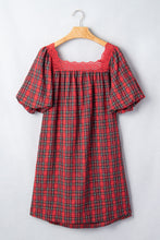 Load image into Gallery viewer, Red Plaid Square Collar Lace Trim Short Sleeve Shift Mini Dress