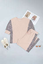 Load image into Gallery viewer, Light French Beige Leopard Print Ribbed Twist Long Sleeve Top Pants Plus Size Set