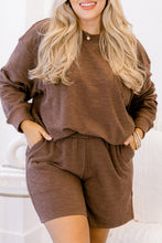 Load image into Gallery viewer, Chestnut Drop Shoulder Long Sleeve Top Elastic Waist Shorts Plus Size Set