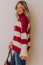 Load image into Gallery viewer, Red Stripe Ribbed Trim High Neck Relaxed Pullover Sweater