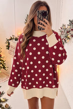 Load image into Gallery viewer, Red Polka Dot Pattern Ribbed Colorblock Trim Split Tunic Sweater