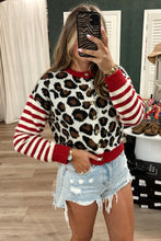Load image into Gallery viewer, White Leopard Print Striped Sleeves Round Neck Button Cropped Cardigan