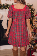 Load image into Gallery viewer, Red Plaid Square Collar Lace Trim Short Sleeve Shift Mini Dress