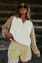 Load image into Gallery viewer, Khaki Polka Dot Contrast Long Sleeve Button V Neck Sweater