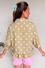 Load image into Gallery viewer, White Polka Dot Print Three Quarter Sleeve Ruffle Hem Casual Shirt