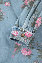 Load image into Gallery viewer, Sky Blue Floral Print Raw Seam Ruffle Hem Denim Jacket