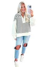 Load image into Gallery viewer, White Stripe Color Block Long Puff Sleeve Metal Zip-Up Collar Top