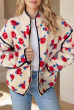 Load image into Gallery viewer, White Floral Print Zipper Stand Neck Outerwear Fleece Coat