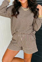 Load image into Gallery viewer, Brown Stripe Textured Knit Long Sleeve Top Elastic Waist Shorts Casual Outfit