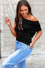 Load image into Gallery viewer, Burgundy Plus Size Solid Color Asymmetric Neck Short Sleeve Blouse