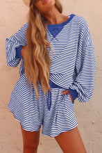 Load image into Gallery viewer, Blue Stripe Oversized Long Sleeve Top Drawstring Loose Shorts 2pcs Set