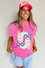 Load image into Gallery viewer, Sachet Pink Flag Pattern Boots Bow Accent Casual Graphic Tee