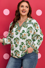 Load image into Gallery viewer, Green Plus Size Floral Printed Contrast Patchwork Detail Tassel Tie 3/4 Sleeve Blouse