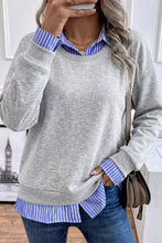 Load image into Gallery viewer, Light Grey Striped Collar 2-in-1 Patchwork Casual Loose Sweatshirt
