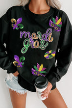 Load image into Gallery viewer, Black Sequin mardi gras Fleur de Lis Graphic Pullover Sweatshirt