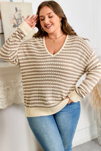 Load image into Gallery viewer, Khaki Stripe Plus Size V Neck Drop Shoulder Sweater