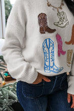 Load image into Gallery viewer, White Western Boots Embroidered Graphic Drop Shoulder Pullover Sweater