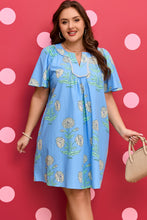 Load image into Gallery viewer, Sky Blue Plus Periwinkle Floral Printed Short Sleeve Striped Trim Split Neck Mini Dress