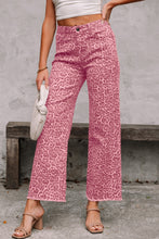 Load image into Gallery viewer, Brown Leopard Frayed Edge Wide Leg High Waist Jeans