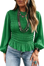Load image into Gallery viewer, Bright Green Solid Color Smocked Ruffle Hem Long Sleeve Blouse