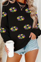 Load image into Gallery viewer, Black Sequined Donuts of Mardi Gras Colors Drop Shoulder Sweatshirt