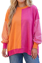 Load image into Gallery viewer, Rose Red Colorblock Patchwork Gingham Sleeve Trendy Plus Size Sweatshirt