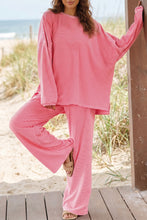 Load image into Gallery viewer, Beige Stripe Contrast Trim Round Neck Oversize Long Sleeve Top 2pcs Pant Set