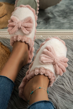 Load image into Gallery viewer, Fushia Bow Decor Color Block Ribbed Plush Slippers