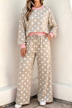Load image into Gallery viewer, Khaki Polka Dot Contrast Trim Long Sleeve Top Drawstring Shift Pants Set