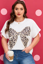 Load image into Gallery viewer, White Plus Size Leopard Bow Embroidered Patch Casual T Shirt