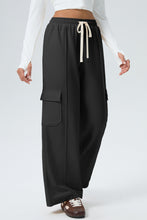 Load image into Gallery viewer, Black Solid Color Drawstring Elastic Waist Cargo Patch Pocket Active Pants