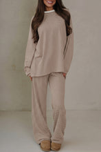 Load image into Gallery viewer, Beige Stripe Contrast Trim Round Neck Oversize Long Sleeve Top 2pcs Pant Set