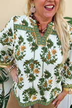 Load image into Gallery viewer, Green Plus Size Floral Printed Contrast Patchwork Detail Tassel Tie 3/4 Sleeve Blouse