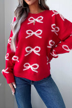 Load image into Gallery viewer, Fiery Red All Over Bow Dropped Shoulder Round Neck Shift Sweater