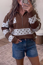 Load image into Gallery viewer, Brown Stripe Patchwork Polka Dot Accent Quarter Zip Long Sleeve Top