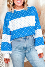 Load image into Gallery viewer, Blue Polka Dot Color Block Drop Shoulder Plus Size Long Sleeve Top