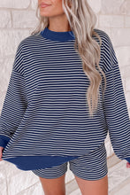 Load image into Gallery viewer, Blue Stripe Ribbed Patchwork Mock Neck Baggy Pullover Matching Shorts Set
