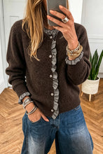 Load image into Gallery viewer, Chicory Coffee Plaid Ruffle Trim Patchwork Button Sweater Cardigan