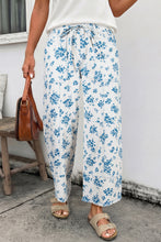 Load image into Gallery viewer, Sky Blue Floral Print Tie Waist Straight Leg Jeans