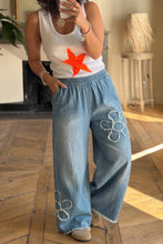 Load image into Gallery viewer, Beau Blue Frayed Floral Patch Wide Leg Raw Hem Wide Leg Jeans