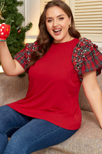 Load image into Gallery viewer, Racing Red Plaid Pearl Ruffled Short Sleeve Knitted Christmas Holiday Plus Size T-shirt