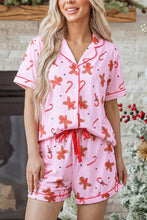 Load image into Gallery viewer, Pink Short Sleeve Placket Shell Button Elastic Waist Lounge Set