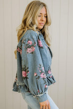 Load image into Gallery viewer, Sky Blue Floral Print Raw Seam Ruffle Hem Denim Jacket
