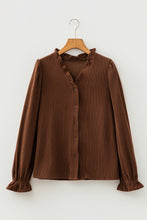 Load image into Gallery viewer, Coffee Solid Color Ruffle Trim V Neck Long Sleeve Button Corduroy Shakcet