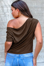 Load image into Gallery viewer, Burgundy Plus Size Solid Color Asymmetric Neck Short Sleeve Blouse