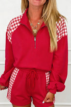 Load image into Gallery viewer, Fiery Red Plaid Patchwork Half Zip Pullover Drawstring Short Set